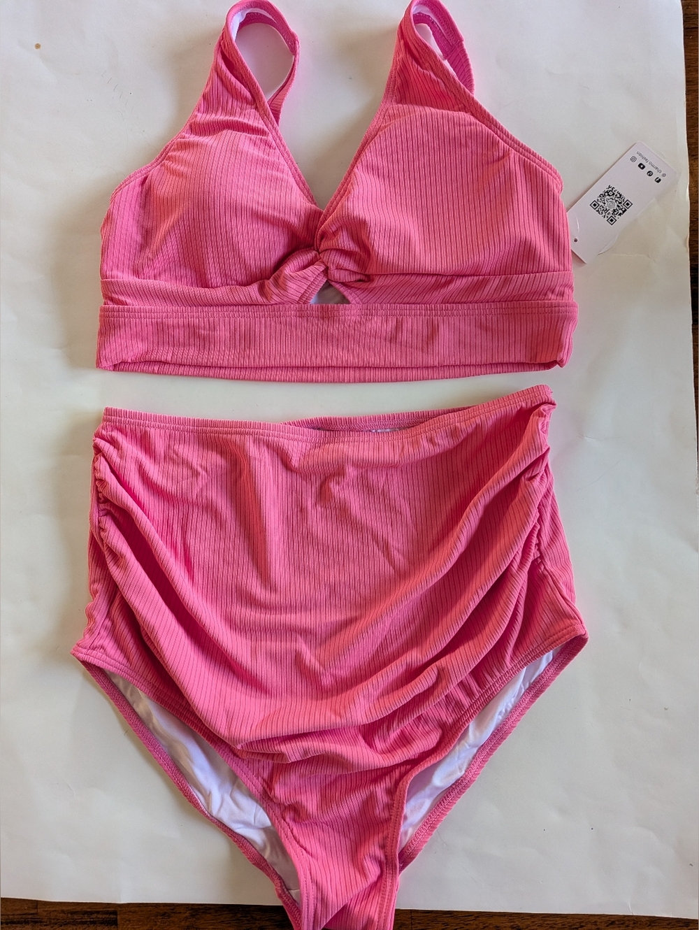 Women's Bikini Set With Twist Front Top And High Waist Bottoms Pink Size Med